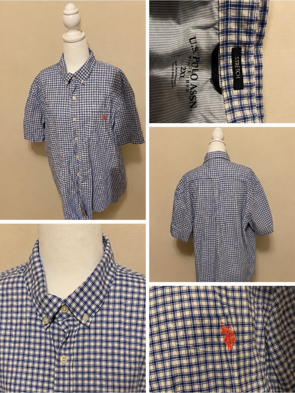 U.S. Polo Assn. Stretch Blue & White Plaid Button Down Shirt Men's 2XL